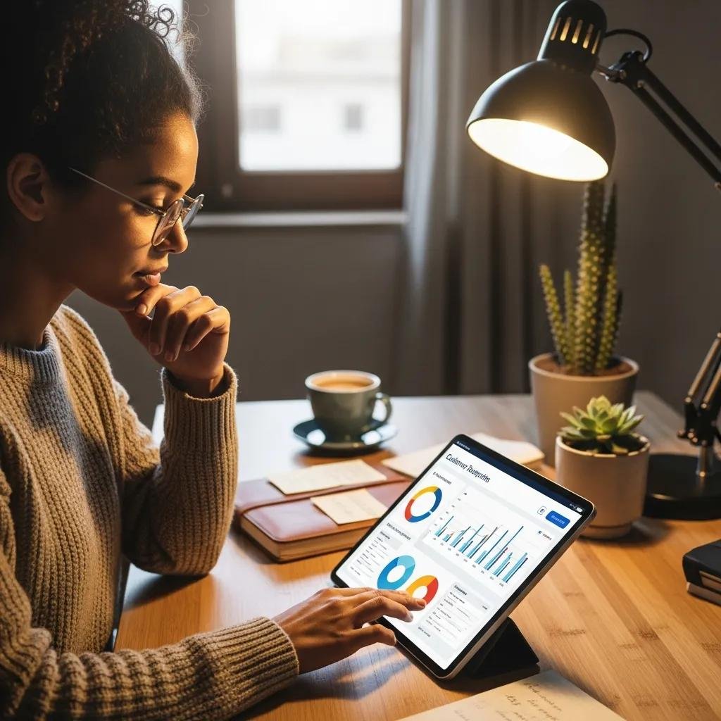 Small business owner reviewing customer touchpoints in a cozy workspace