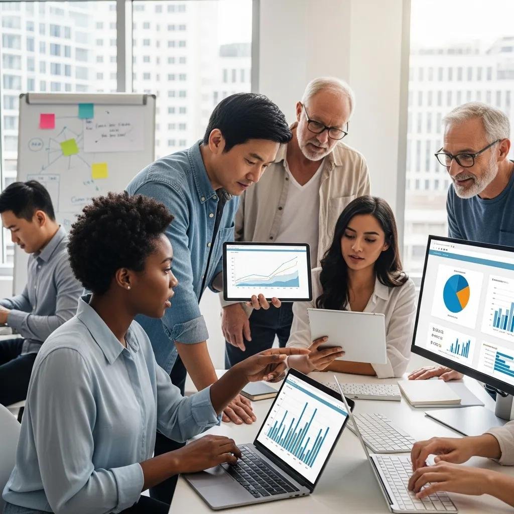 Small business owners collaborating on growth metrics analysis in a modern office setting, engaging with data on laptops and tablets, emphasizing data-driven decisions for marketing success.
