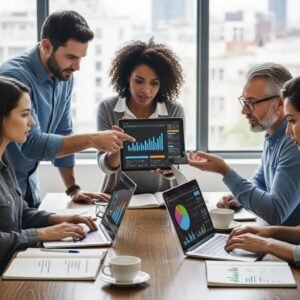 Small business owners collaborating over digital marketing analytics in a modern workspace, discussing customer journey mapping and growth strategies.