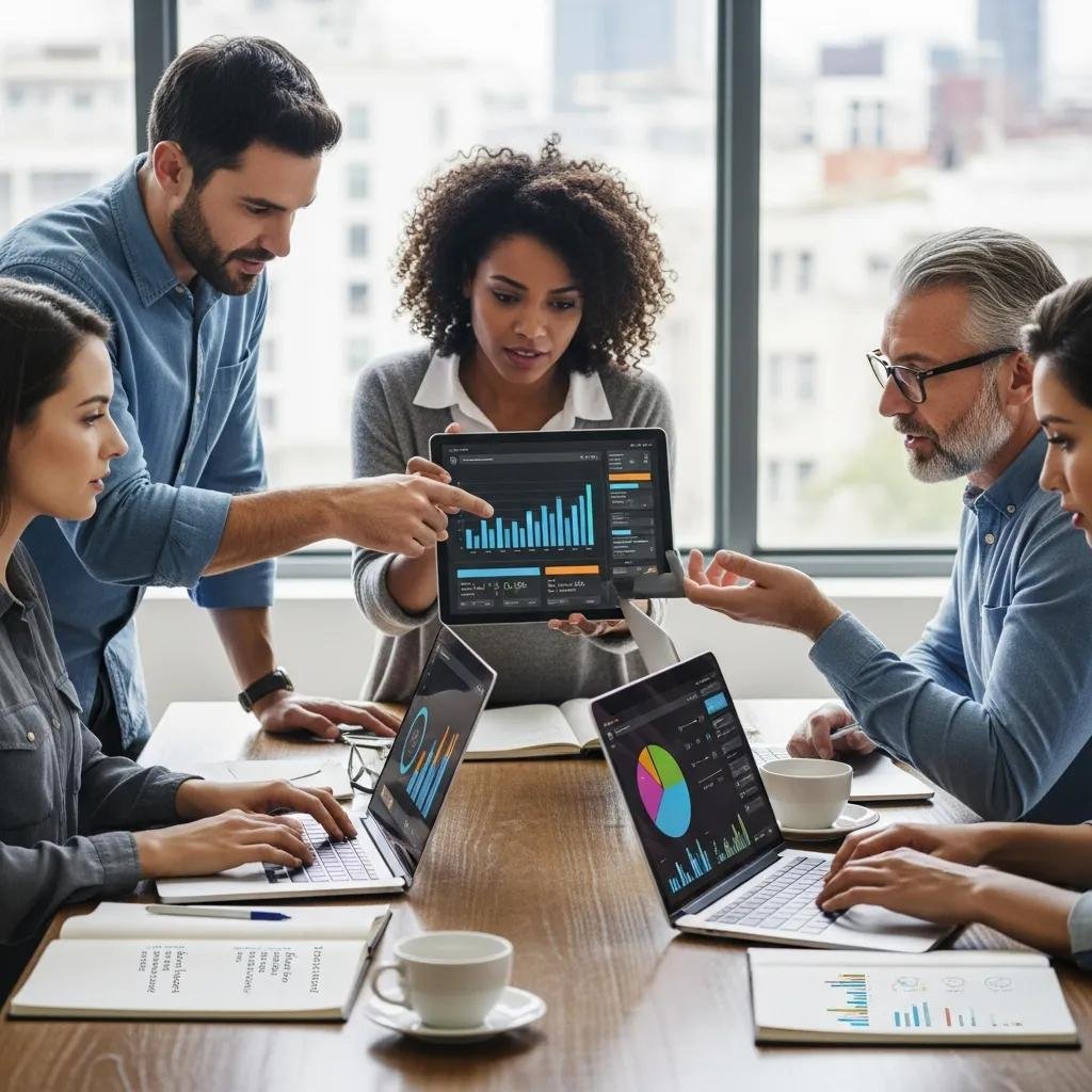 Group of small business owners collaborating over digital marketing analytics, discussing growth strategies with data visualizations on tablets and laptops in a modern workspace.