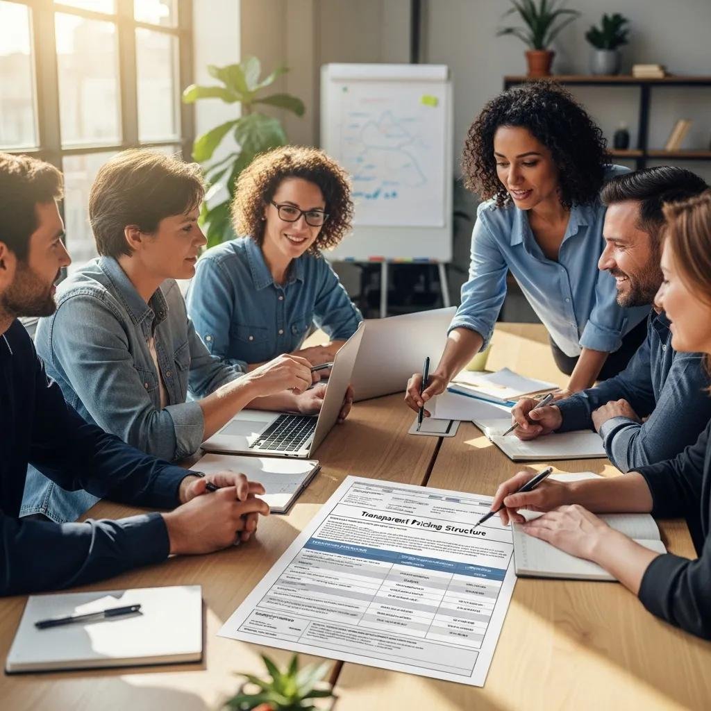 Small business team discussing marketing strategies with a focus on transparent pricing