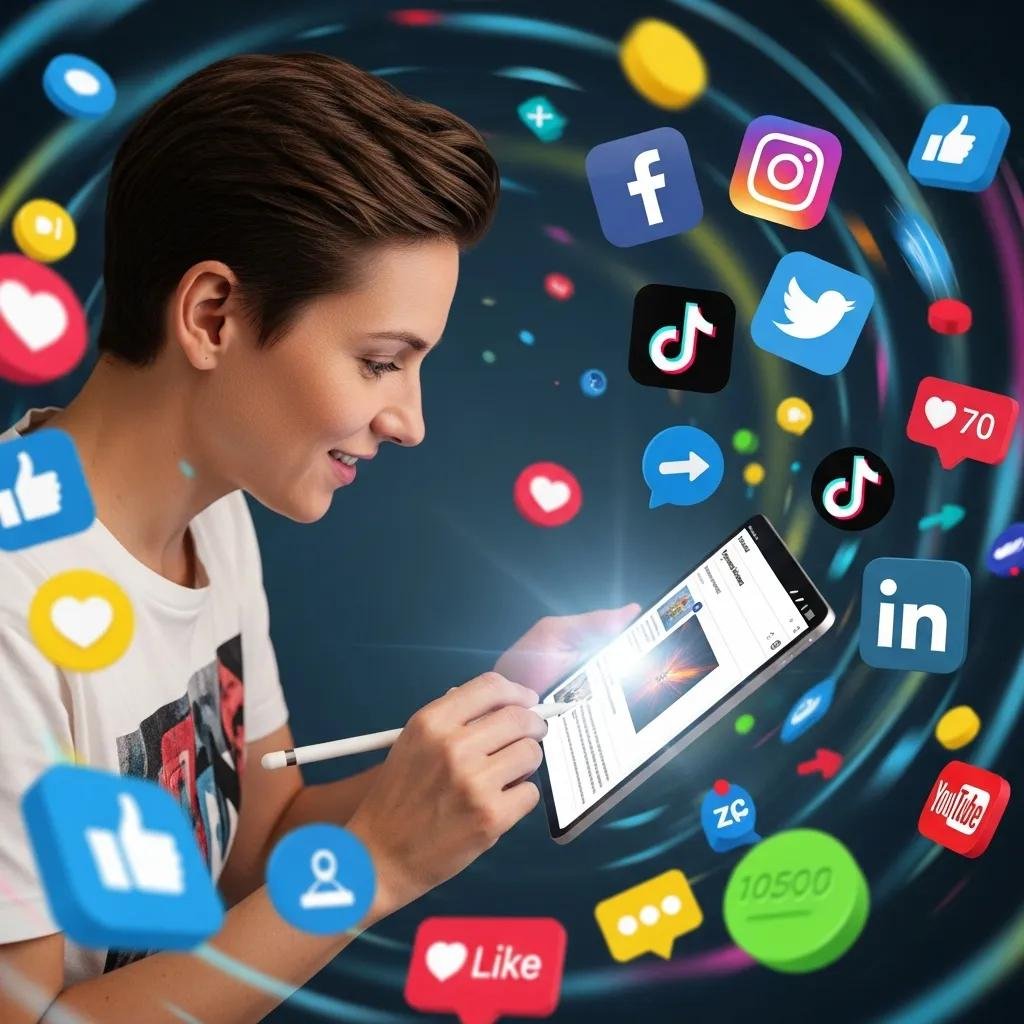 Social media marketing professional creating content on a tablet, showcasing creativity and engagement