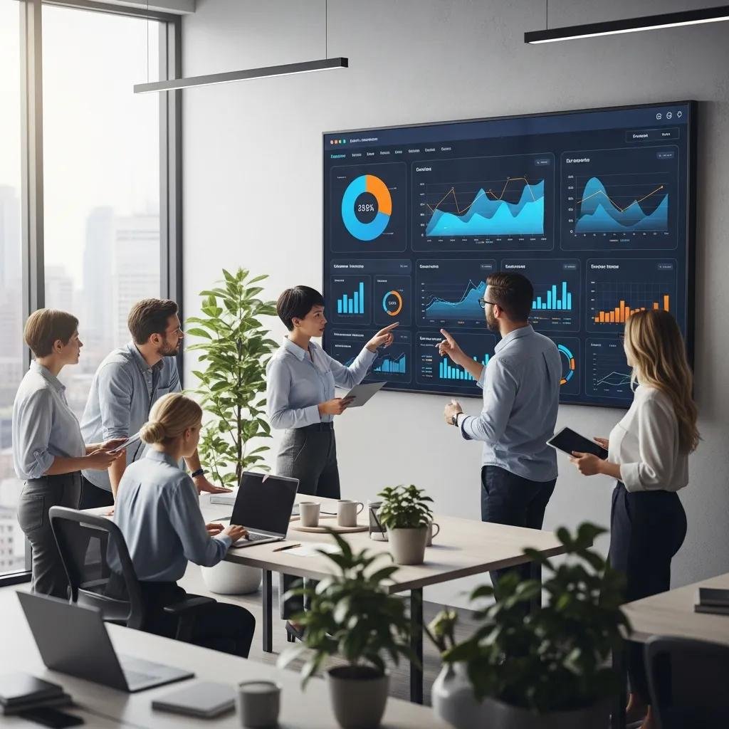 Team analyzing website performance data in a modern office, highlighting data-driven strategies for lead generation