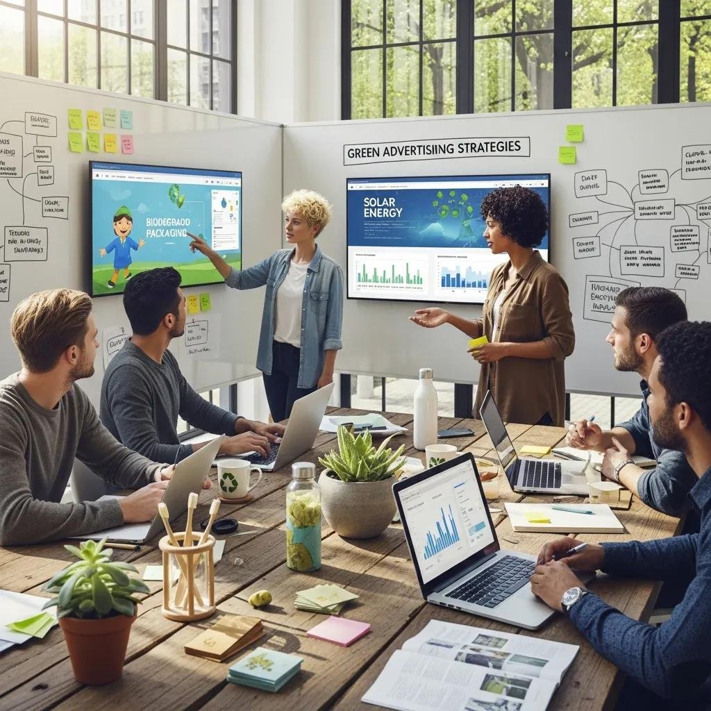 Team brainstorming green advertising techniques with eco-friendly products and digital screens