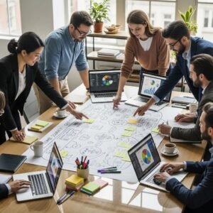 Team of professionals collaborating on customer journey mapping in a modern office setting, analyzing data on laptops and discussing strategies with sticky notes on a large paper layout.