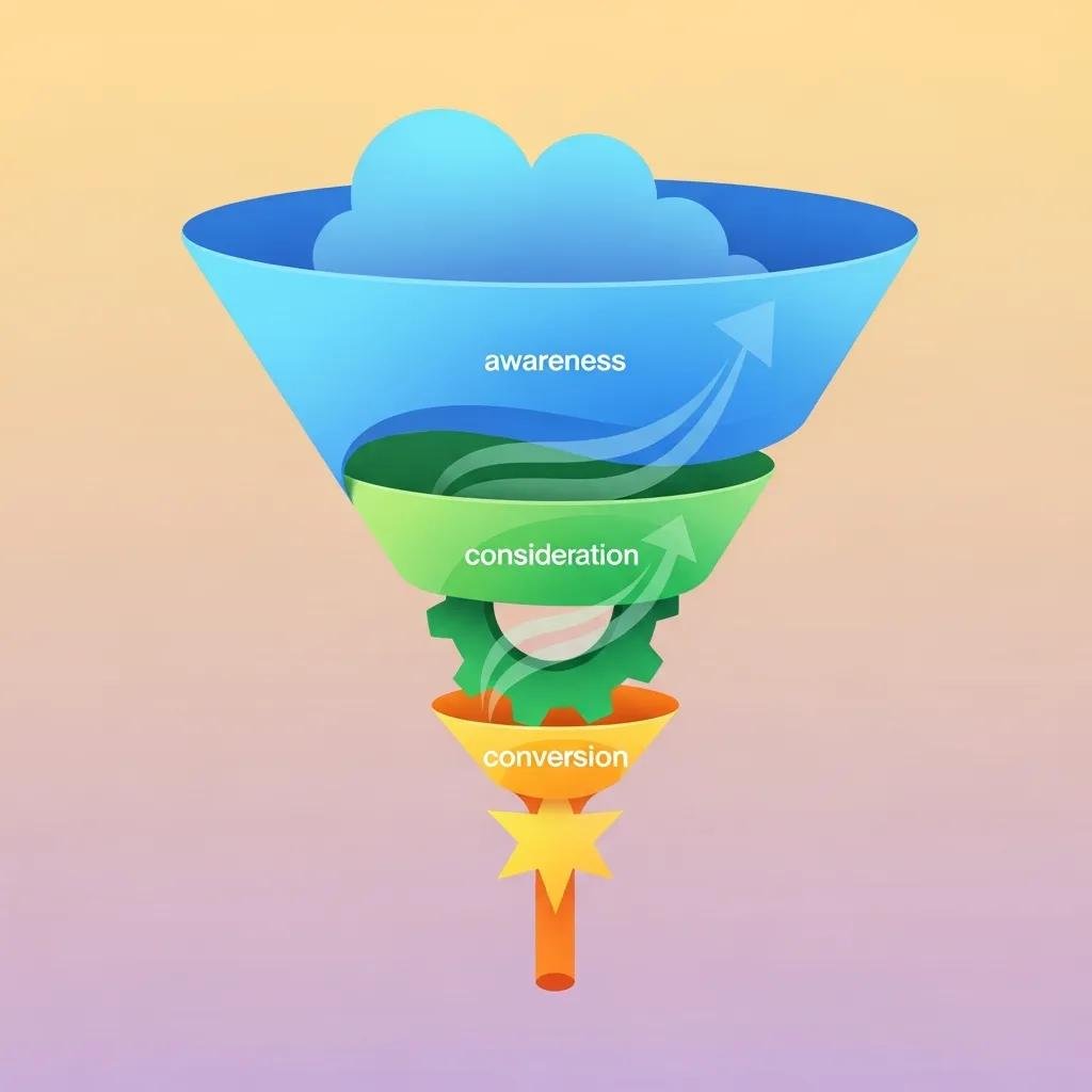 Visual representation of a digital marketing funnel illustrating key stages of customer journey